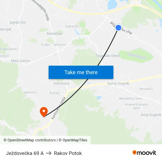Ježdovečka 69 A to Rakov Potok map