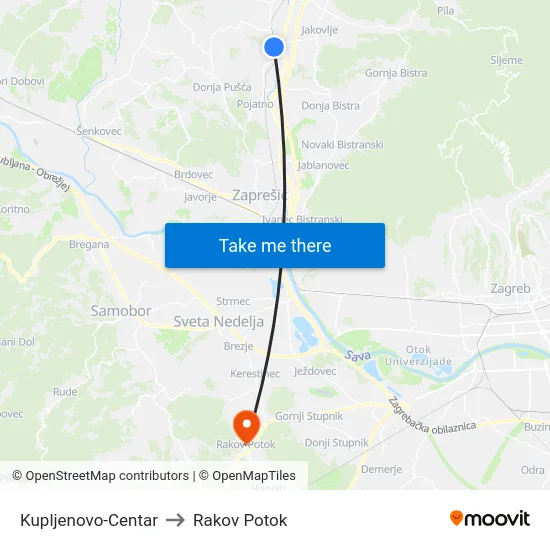 Kupljenovo-Centar to Rakov Potok map