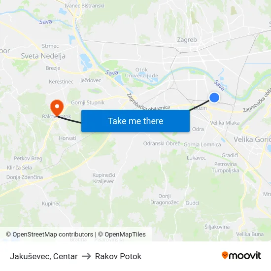 Jakuševec, Centar to Rakov Potok map