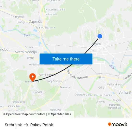 Srebrnjak to Rakov Potok map