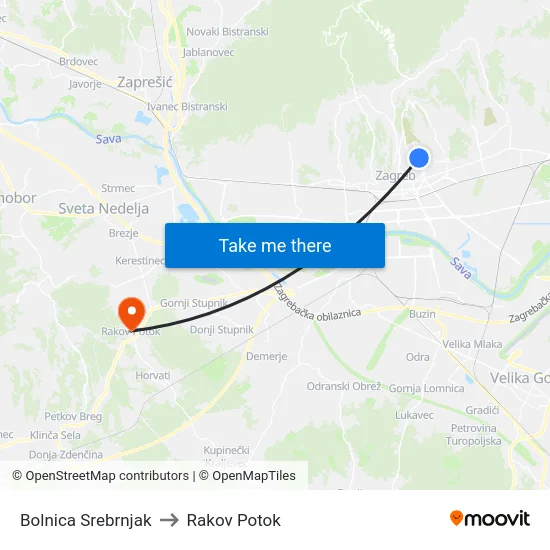 Bolnica Srebrnjak to Rakov Potok map