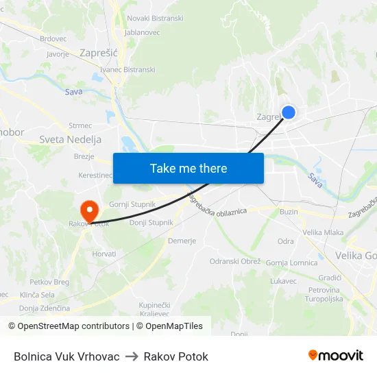 Bolnica Vuk Vrhovac to Rakov Potok map