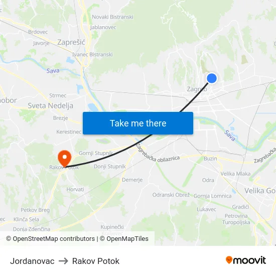 Jordanovac to Rakov Potok map
