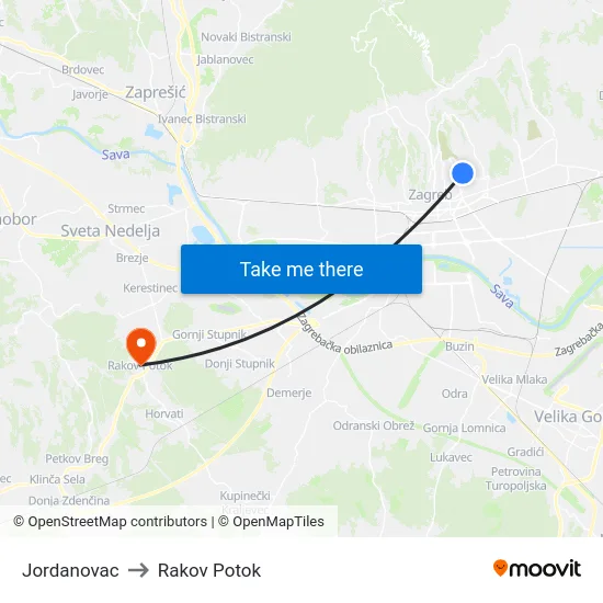 Jordanovac to Rakov Potok map
