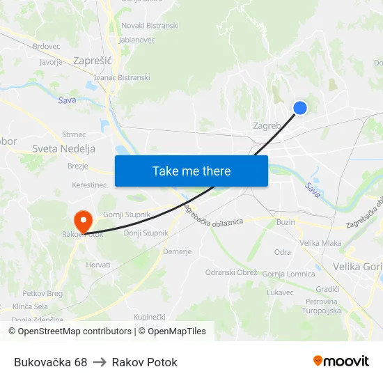 Bukovačka 68 to Rakov Potok map