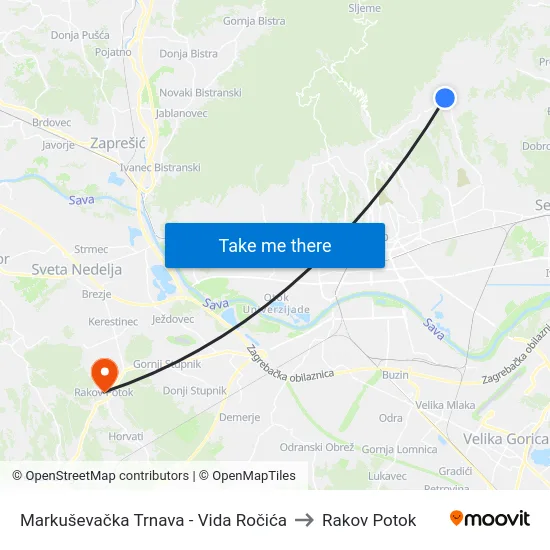 Markuševačka Trnava - Vida Ročića to Rakov Potok map