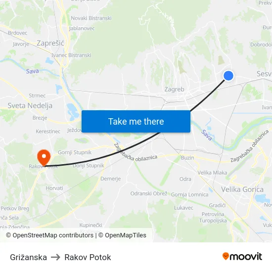 Grižanska to Rakov Potok map