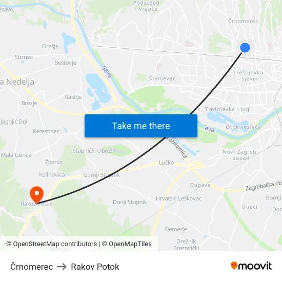Črnomerec to Rakov Potok map