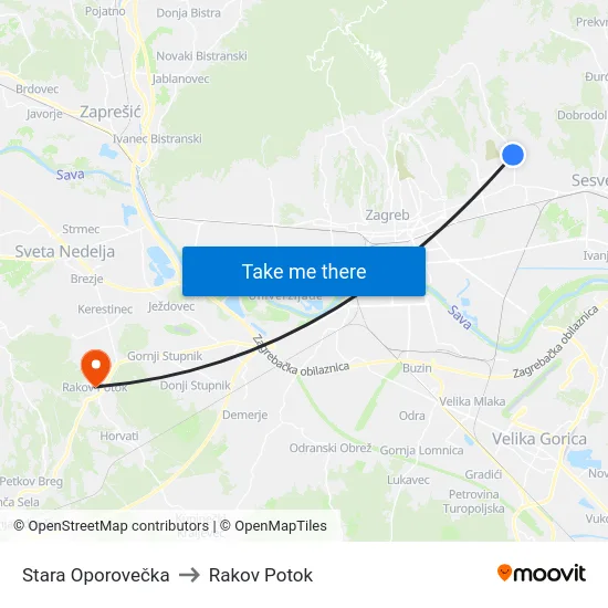 Stara Oporovečka to Rakov Potok map