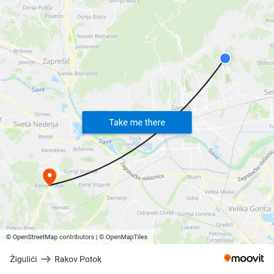 Žigulići to Rakov Potok map