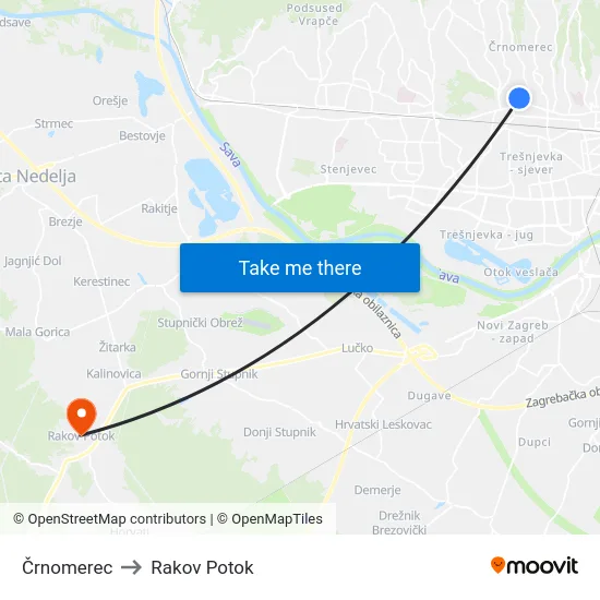 Črnomerec to Rakov Potok map