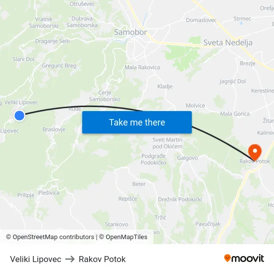 Veliki Lipovec to Rakov Potok map