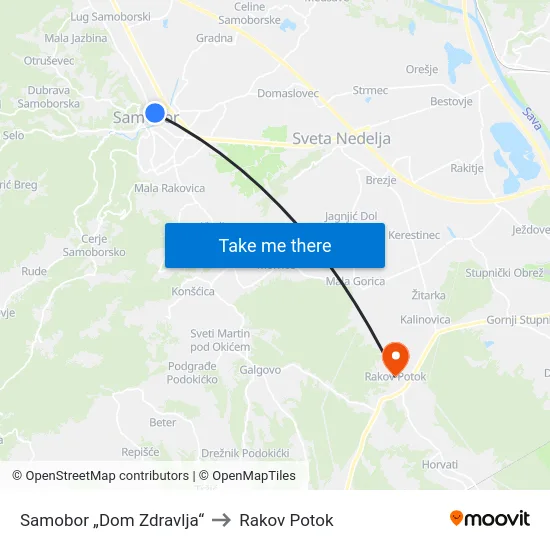 Samobor „Dom Zdravlja“ to Rakov Potok map