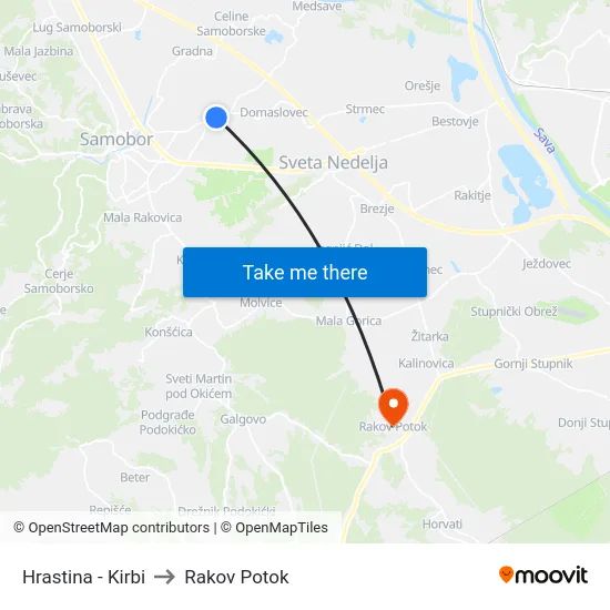 Hrastina - Kirbi to Rakov Potok map