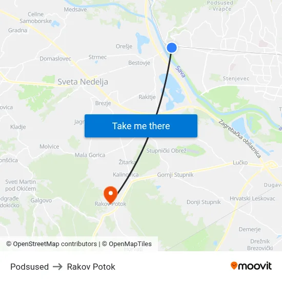 Podsused to Rakov Potok map