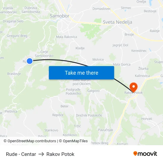 Rude - Centar to Rakov Potok map