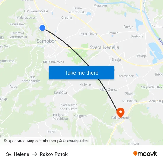 Sv. Helena to Rakov Potok map