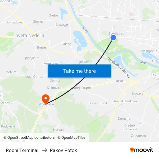 Robni Terminali to Rakov Potok map