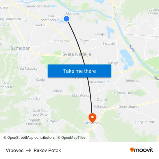 Vrbovec to Rakov Potok map