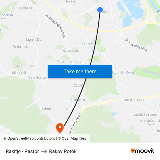 Rakitje - Pastor to Rakov Potok map