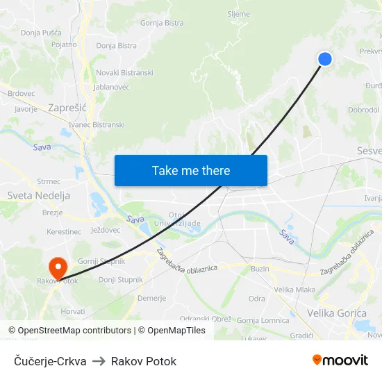 Čučerje-Crkva to Rakov Potok map