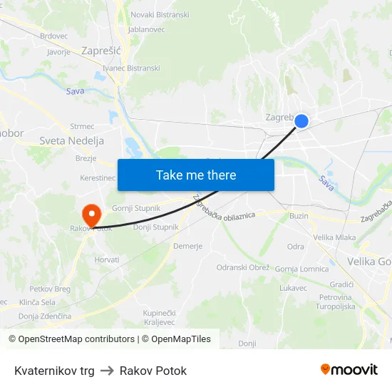 Kvaternikov trg to Rakov Potok map