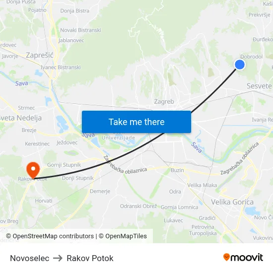 Novoselec to Rakov Potok map