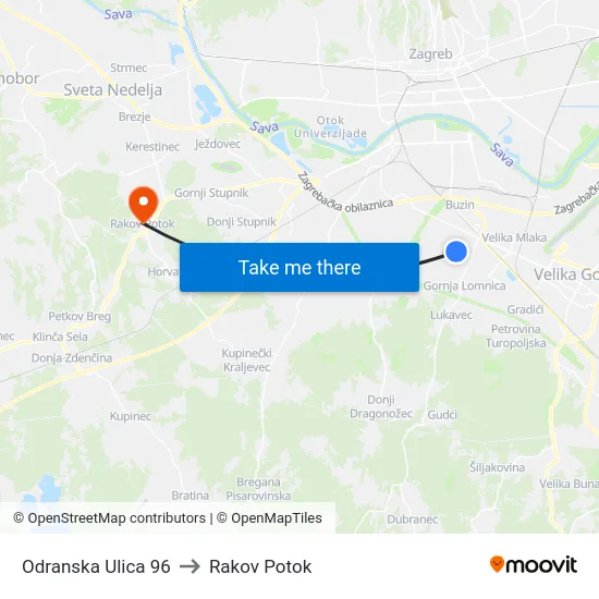 Odranska Ulica 96 to Rakov Potok map