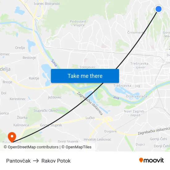 Pantovčak to Rakov Potok map