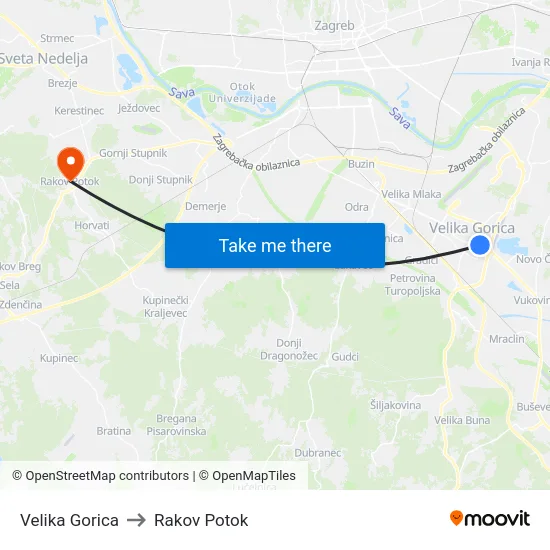 Velika Gorica to Rakov Potok map