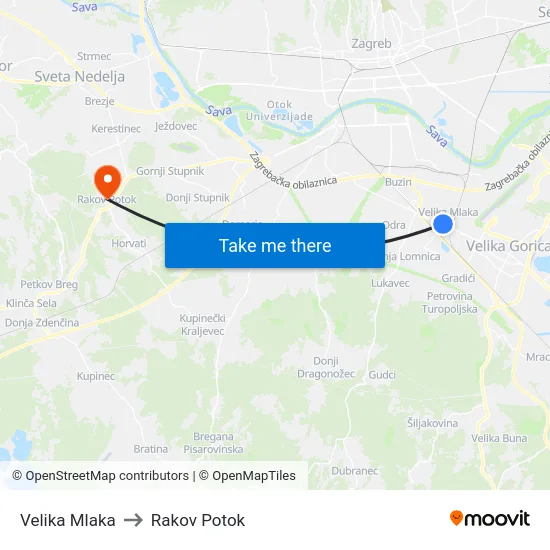 Velika Mlaka to Rakov Potok map