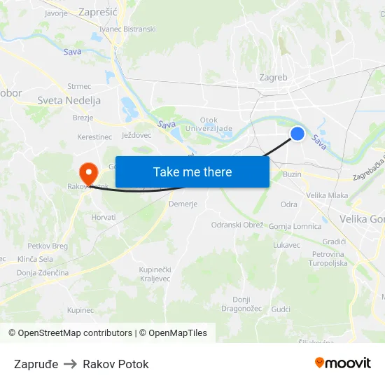 Zapruđe to Rakov Potok map