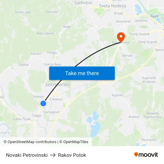 Novaki Petrovinski to Rakov Potok map