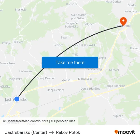 Jastrebarsko (Centar) to Rakov Potok map