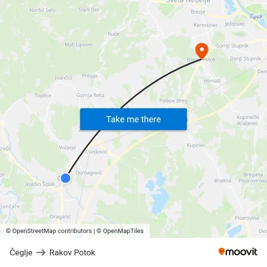 Čeglje to Rakov Potok map
