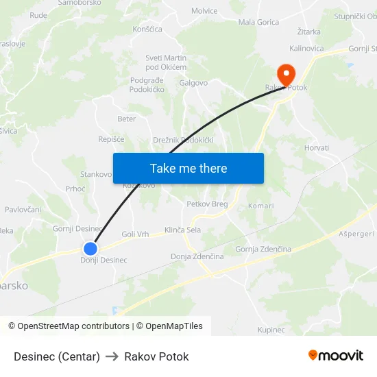 Desinec (Centar) to Rakov Potok map