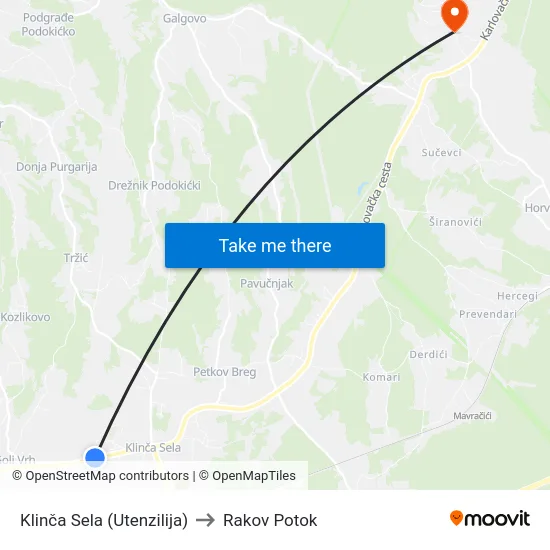 Klinča Sela (Utenzilija) to Rakov Potok map