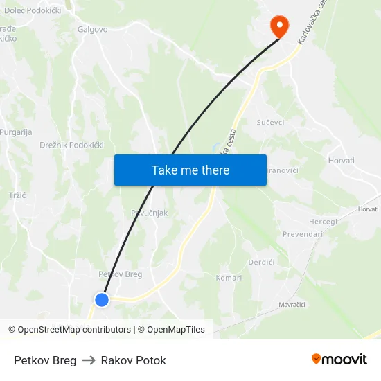 Petkov Breg to Rakov Potok map