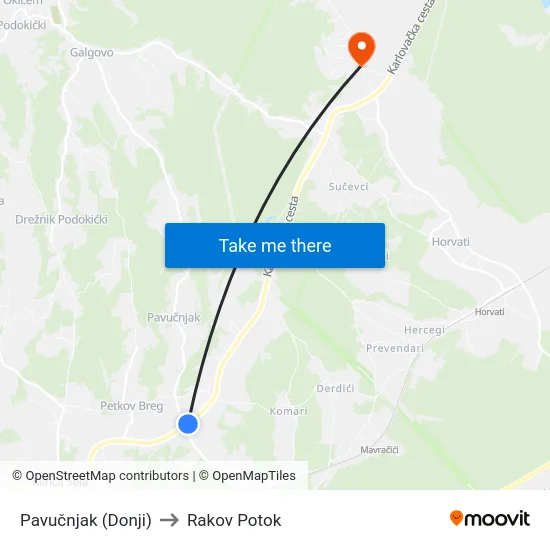 Pavučnjak (Donji) to Rakov Potok map