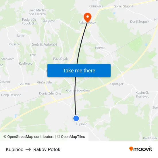Kupinec to Rakov Potok map
