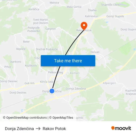Donja Zdenčina to Rakov Potok map