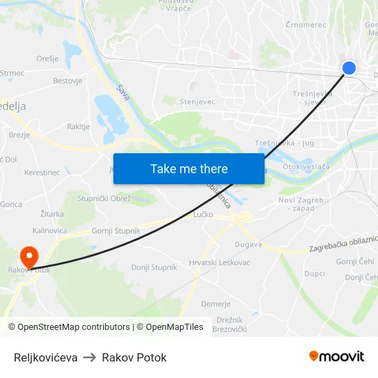 Reljkovićeva to Rakov Potok map