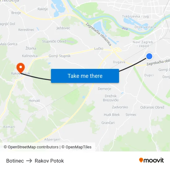 Botinec to Rakov Potok map