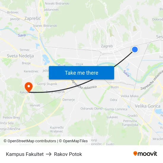 Kampus Fakultet to Rakov Potok map