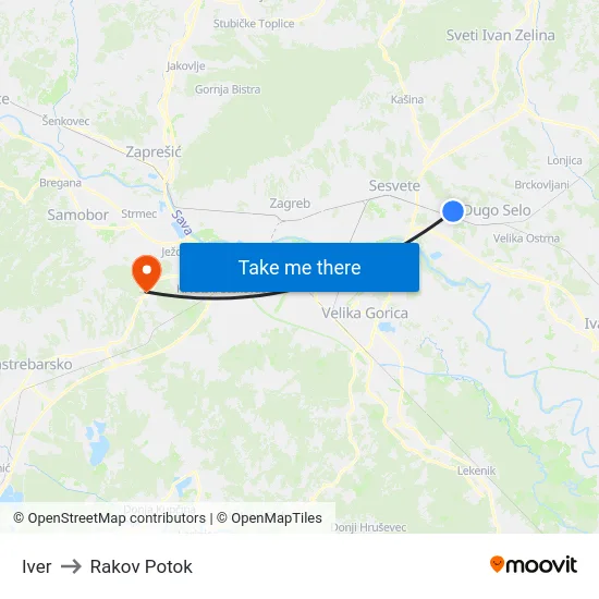 Iver to Rakov Potok map