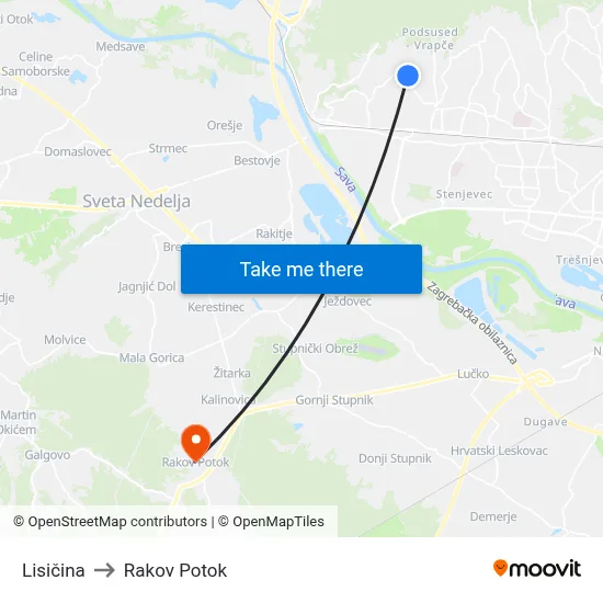 Lisičina to Rakov Potok map