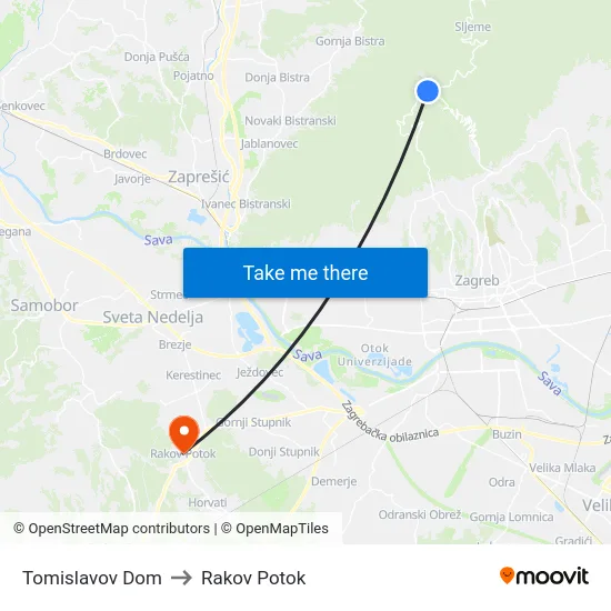 Tomislavov Dom to Rakov Potok map