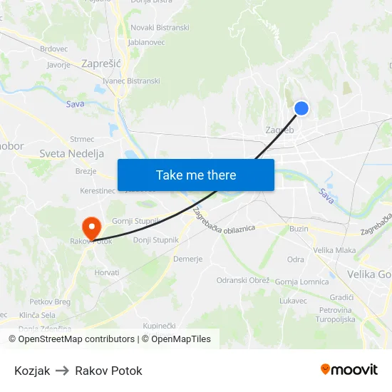 Kozjak to Rakov Potok map