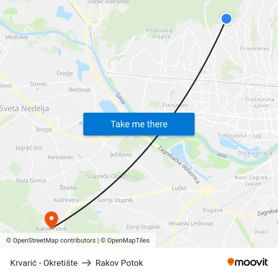 Krvarić - Okretište to Rakov Potok map