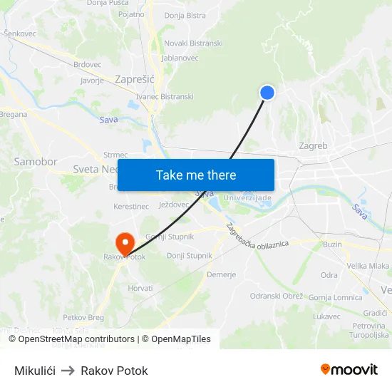 Mikulići to Rakov Potok map